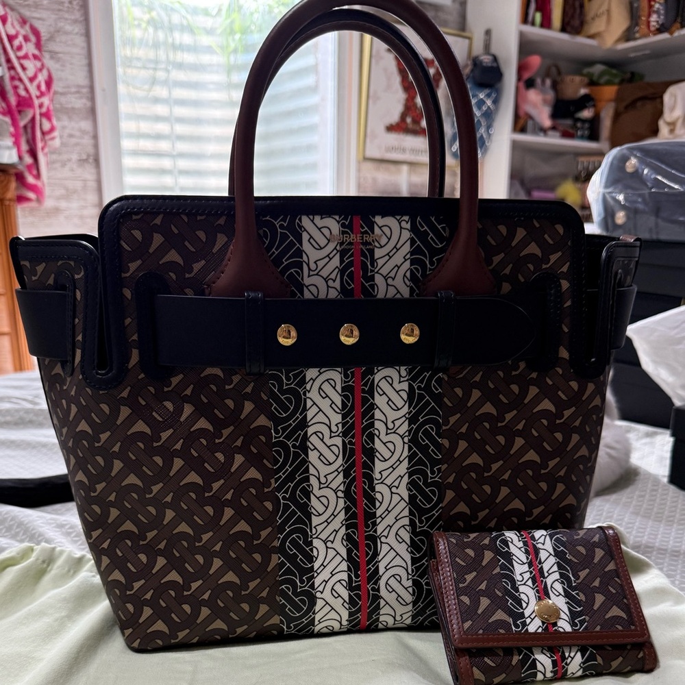 Burberry Brown and Black Monogram Tote with Red Accents